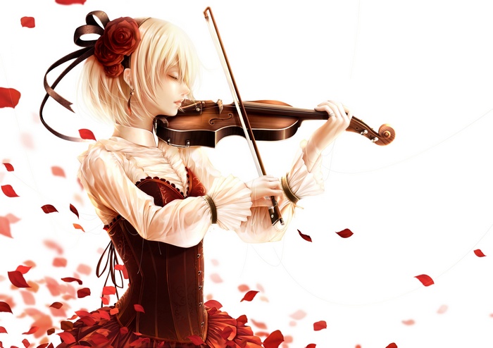 Anime girl playing violin with red roses and petals
