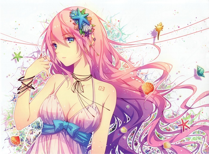 Megurine Luka with pink hair and seashells