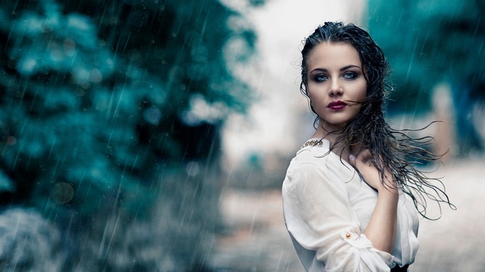 trees, Alessandro Di Cicco, water, wet, rain, white clothing, looking at viewer, women outdoors, long hair, red lipstick, water drops, model, blue eyes, wet clothing, wet hair, brunette, women, nature