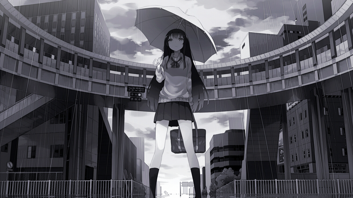 Anime schoolgirl with umbrella in the rain