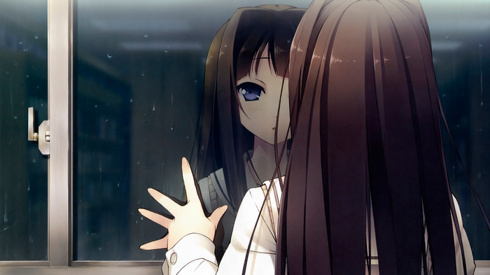 Anime girl looking through a rainy window