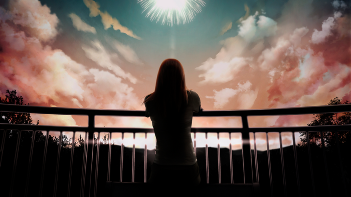 Anime girl watching fireworks from a balcony
