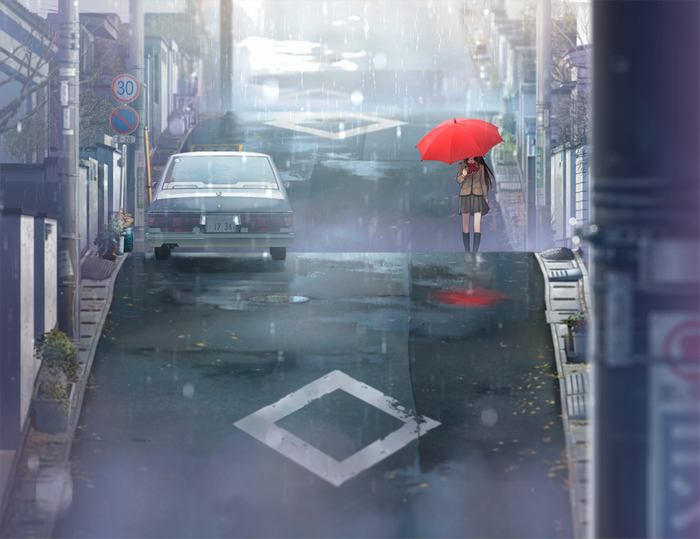 Anime schoolgirl with red umbrella in the rain