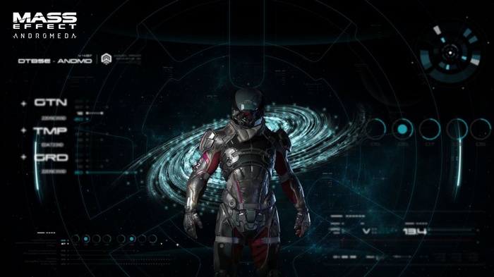 Mass Effect: Andromeda character in front of a galaxy map