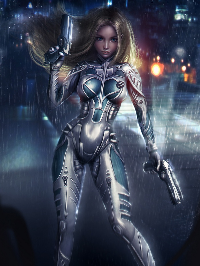 Science fiction blonde woman with guns in the rain