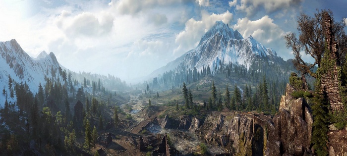 The Witcher 3: Wild Hunt landscape with snowy mountains and forest