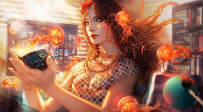 Woman reading a book with jellyfish