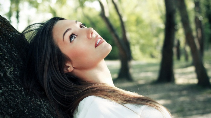 model, Lorena Garcia, wood, brunette, nature, long hair, looking up, trees, women outdoors, face, open mouth, women