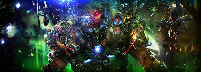 Cyborg warrior with glowing red eyes and mechanical armor
