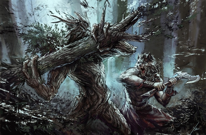 Ent and Werewolf Fighting in a Forest
