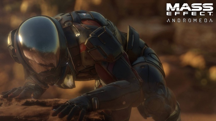 Mass Effect: Andromeda character on rocky terrain