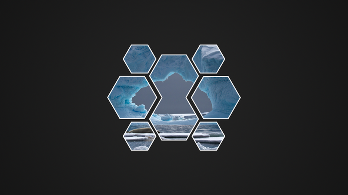 Hexagonal collage of Antarctic icebergs and a polar bear
