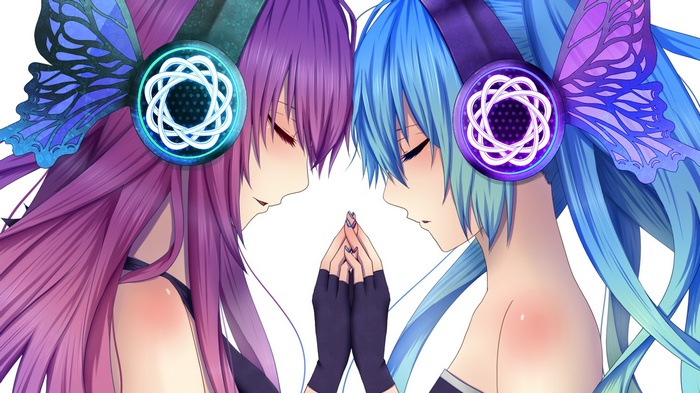 Hatsune Miku and Megurine Luka with headphones
