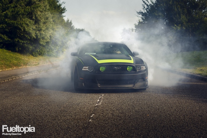 Ford Mustang RTR doing a burnout in smoke