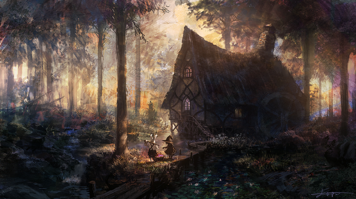 Fantasy art of a witch and her cabin in a forest