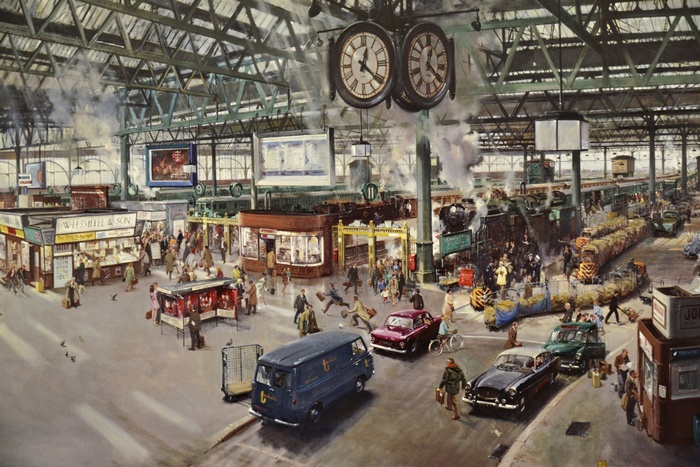 Painting of a busy train station with people and trains