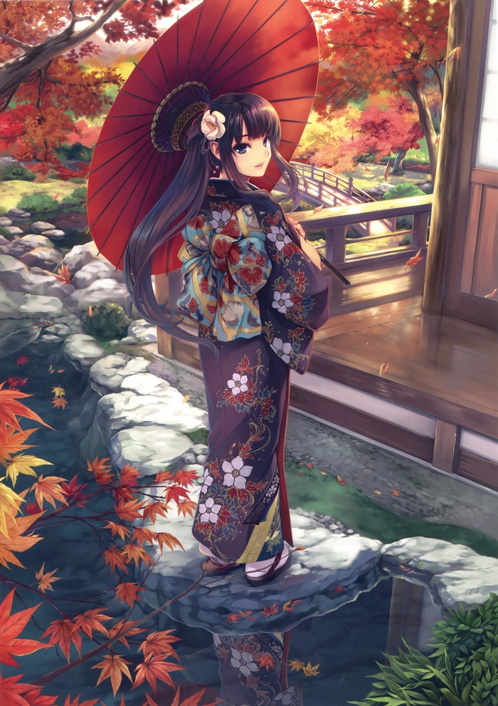 Anime girl in kimono holding a red umbrella in autumn