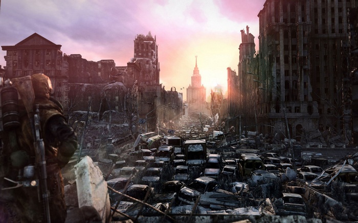 Dystopian city street with abandoned cars and a lone survivor