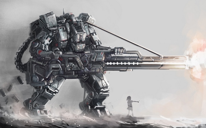 Giant robot firing a massive weapon with a small girl nearby