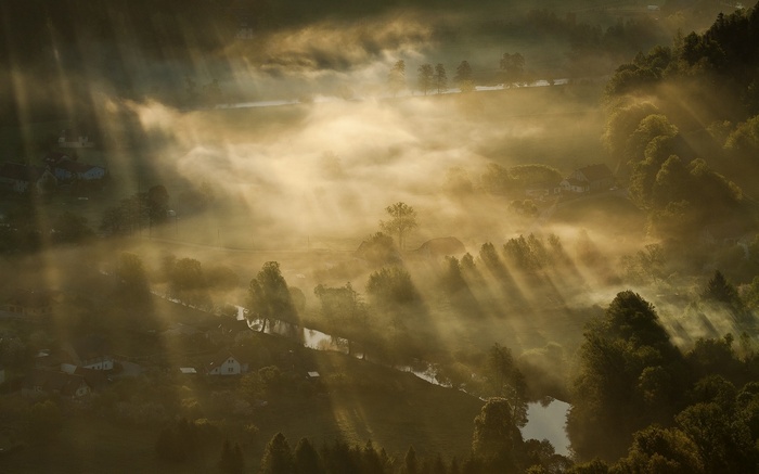 Aerial view of a misty valley with sun rays