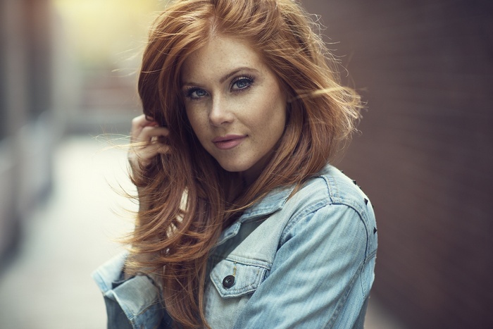Vanessa Jade with Red Hair and Freckles in Denim Jacket
