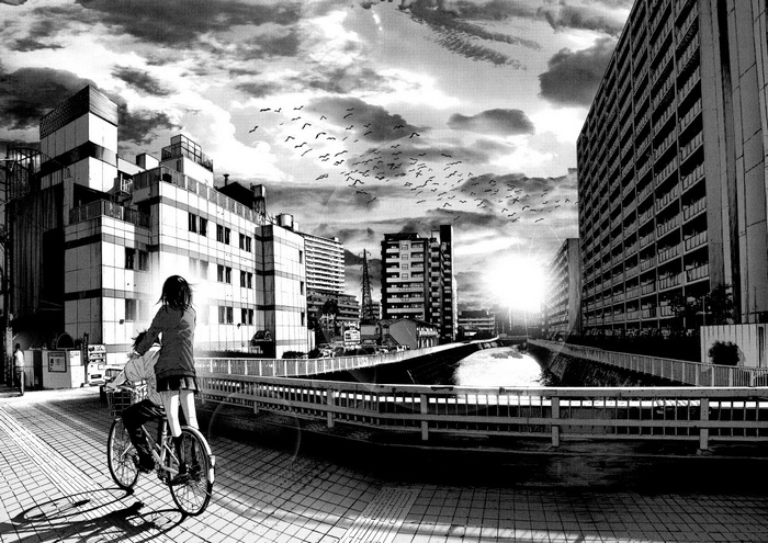 Oyasumi Punpun manga panel with city and birds