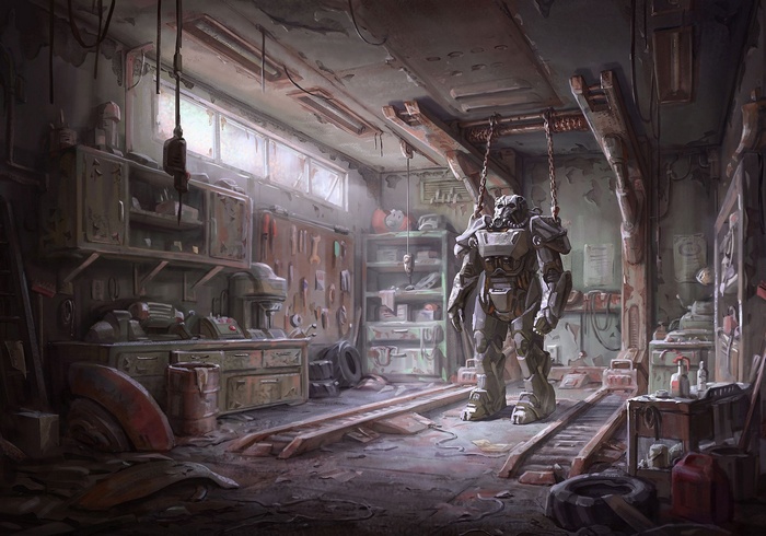 Fallout 4 Brotherhood of Steel Power Armor in a workshop