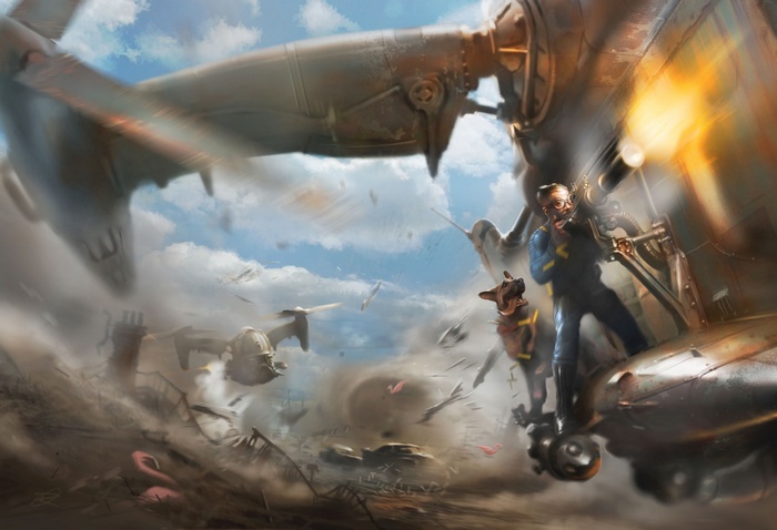 Fallout 4 concept art of a soldier and dog in battle