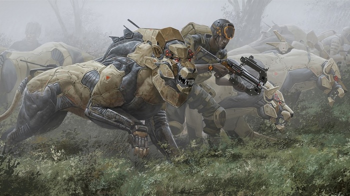 Robot lions and soldier in a foggy forest