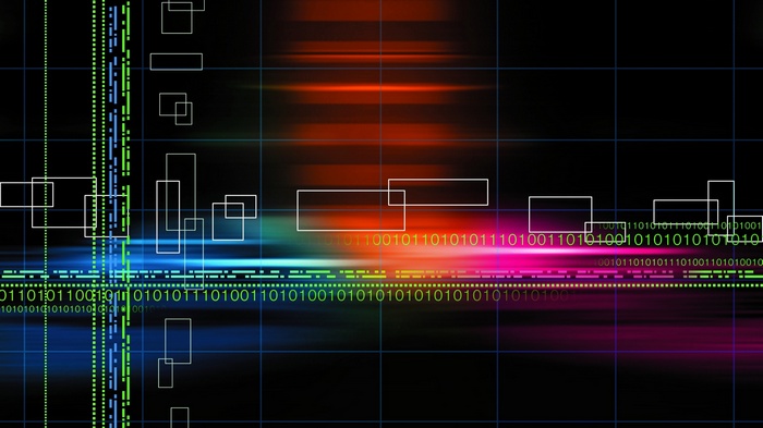 Abstract digital art with binary code and glowing lines