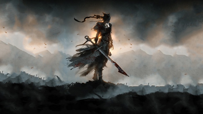 Senua from Hellblade stands in a desolate landscape