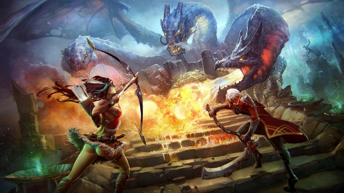 Two warriors battle a dragon in a cave