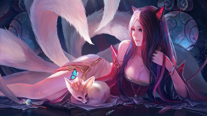 Ahri from League of Legends with a fennec fox