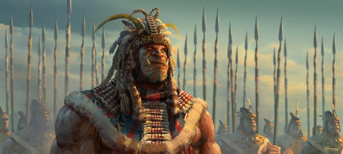 Orc chieftain with a spear-wielding army