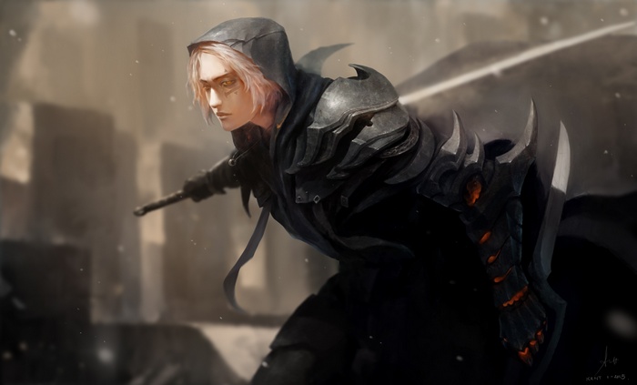 Fantasy assassin with glowing eyes and armor