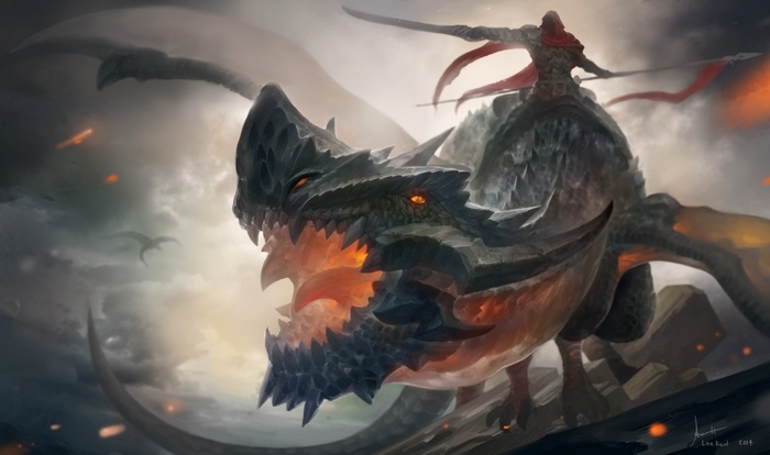 Dragon rider with a spear in a cloudy sky