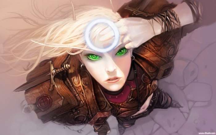 Artwork of a female elf with green eyes and white hair