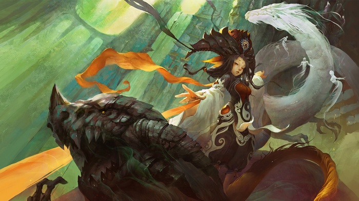 Fantasy girl with dragons and Yin and Yang symbol