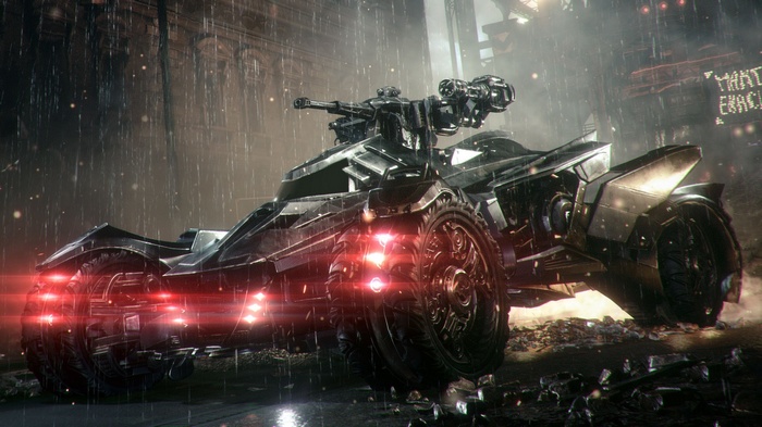 The Batmobile from Batman: Arkham Knight in the rain