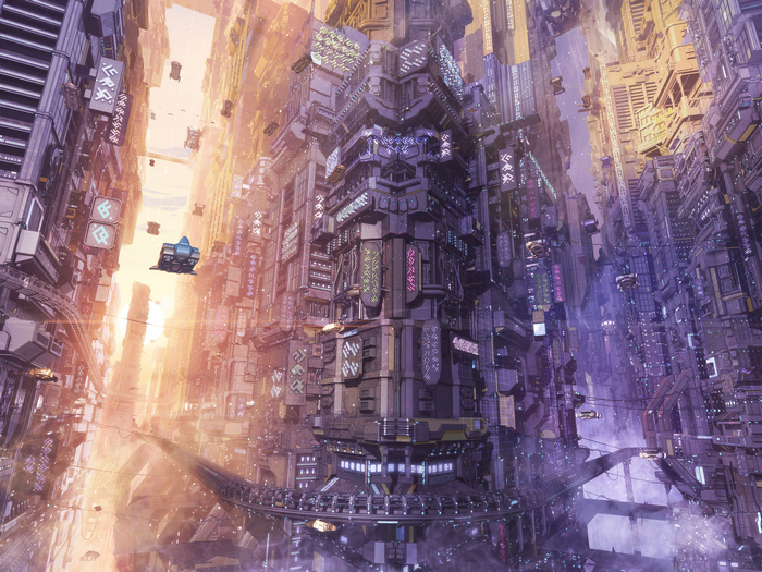 Futuristic Cityscape with Flying Vehicles and Neon Signs