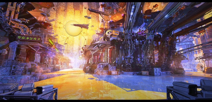 Futuristic Sci-Fi Cityscape with Spaceships and Technology