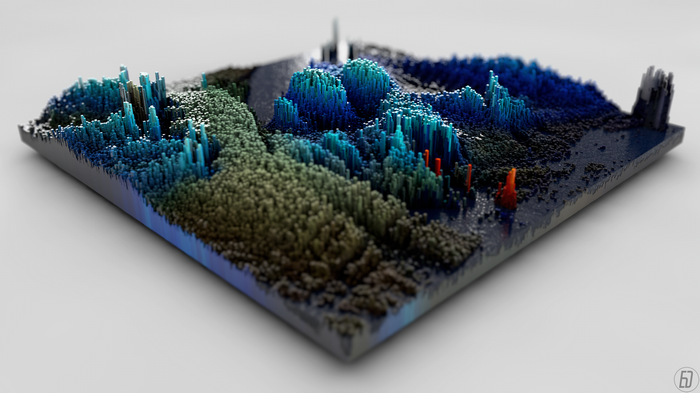 3D abstract landscape with colorful voxel art