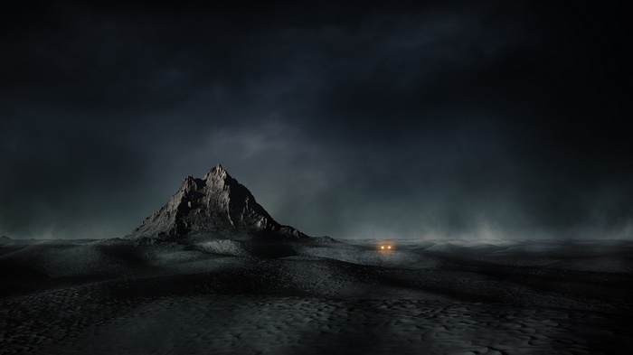 A lone car with glowing headlights in a dark, misty landscape with mountains