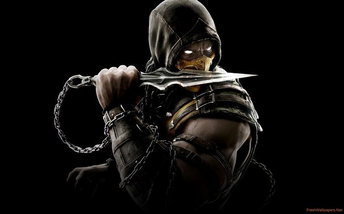 Scorpion from Mortal Kombat X holding a chain weapon