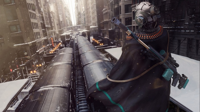 Cyborg soldier with sniper rifle on a train platform