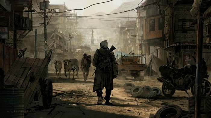 Apocalyptic scene with survivors and livestock