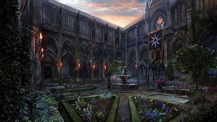 Gothic courtyard with banners and fountain