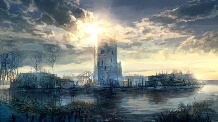 The Witcher concept art of a ruined castle by the water