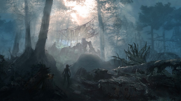 Lara Croft in a misty forest with ruins