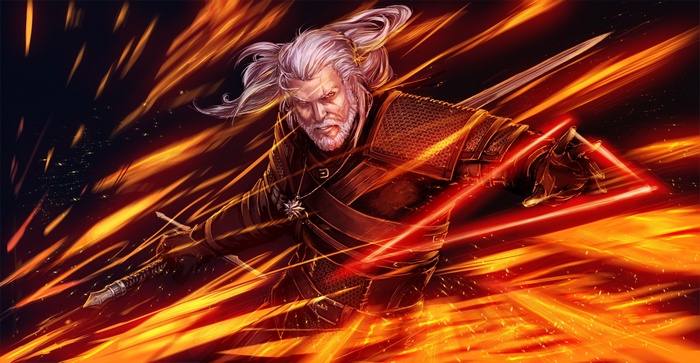 Geralt of Rivia in a fiery battle